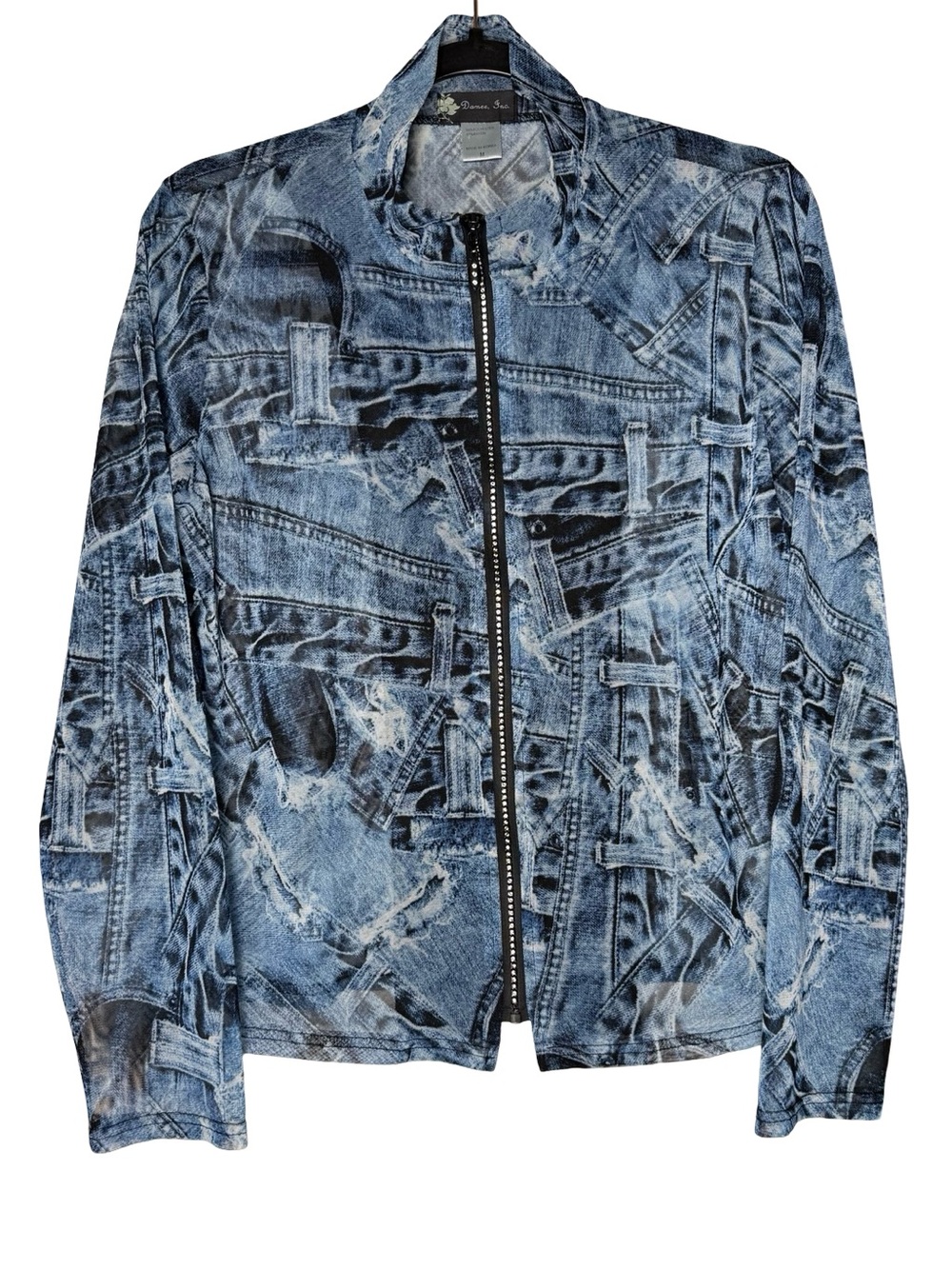 Damee Sz Medium Trompe L’Oeil Denim Print Mesh Zip Top Rhinestone Artsy Sheer